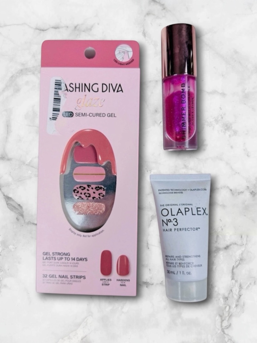 5 for $25 Dashing Diva nail set, Olaplex No 3 sample, Revolution gloss bundle